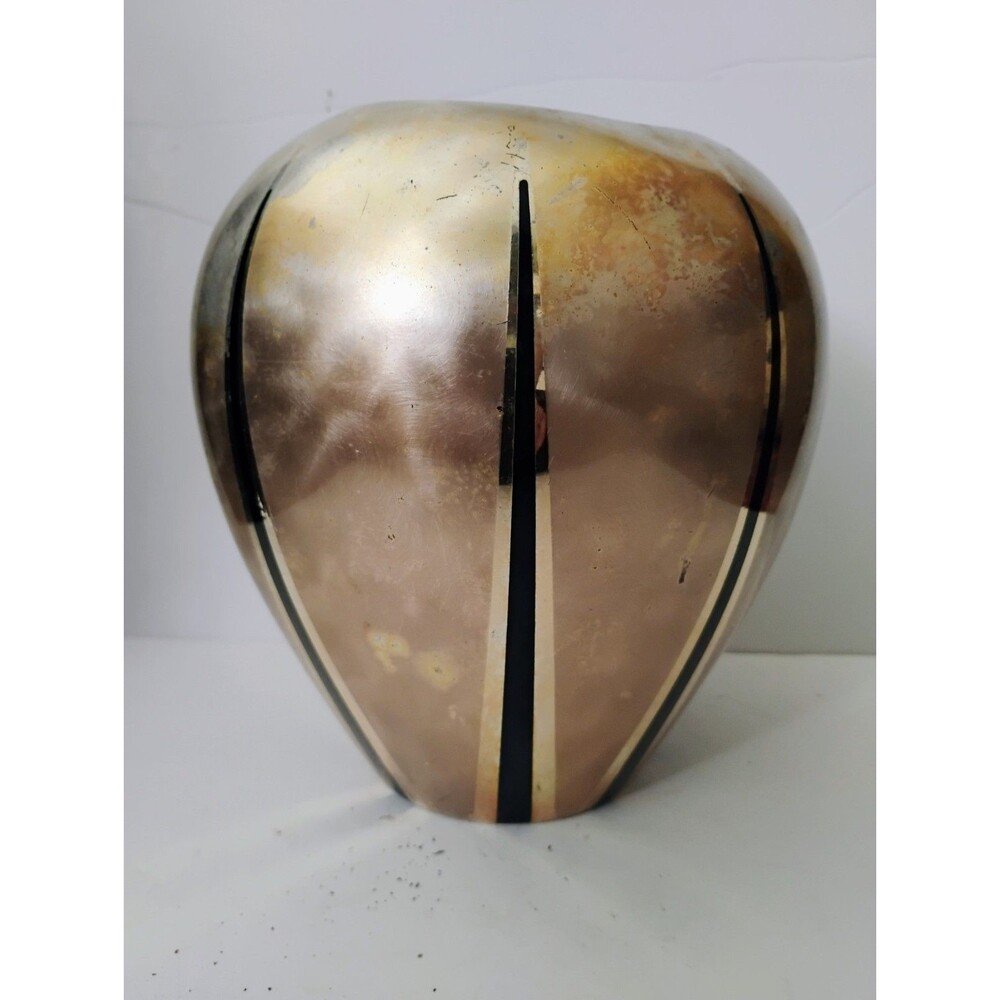 Vintage Hosley Brass Postmodern Vase Brushed Bronze Rose Gold Black Stripes